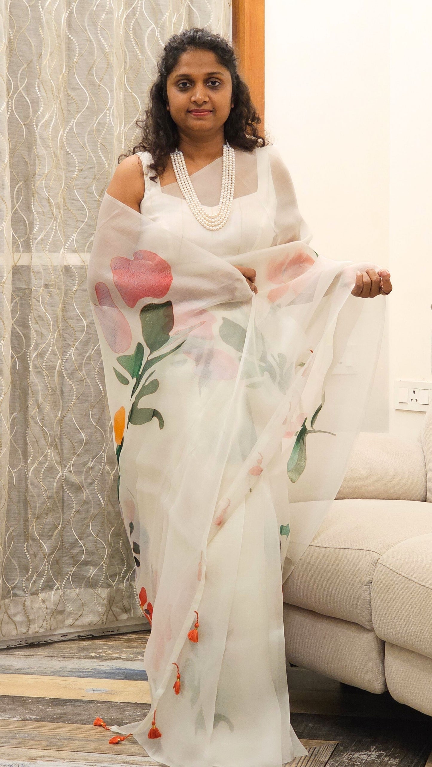 Pure Kora Silk with luxurious floral prints - White