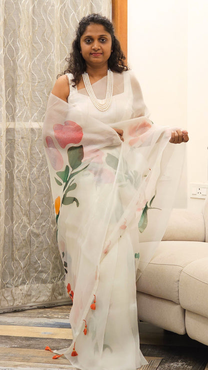 Pure Kora Silk with luxurious floral prints - White