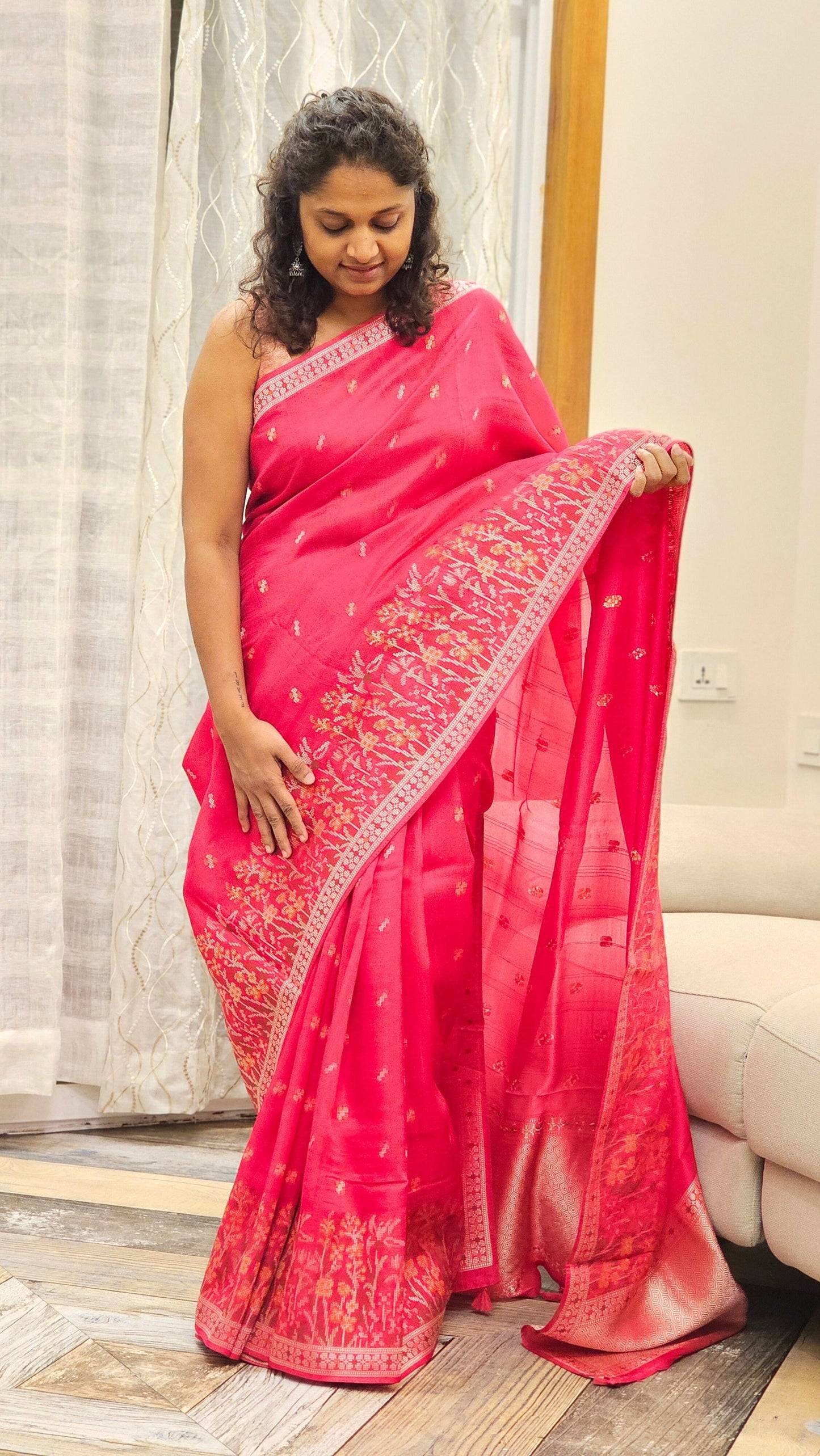 Tussar georgette saree - Rani Pink