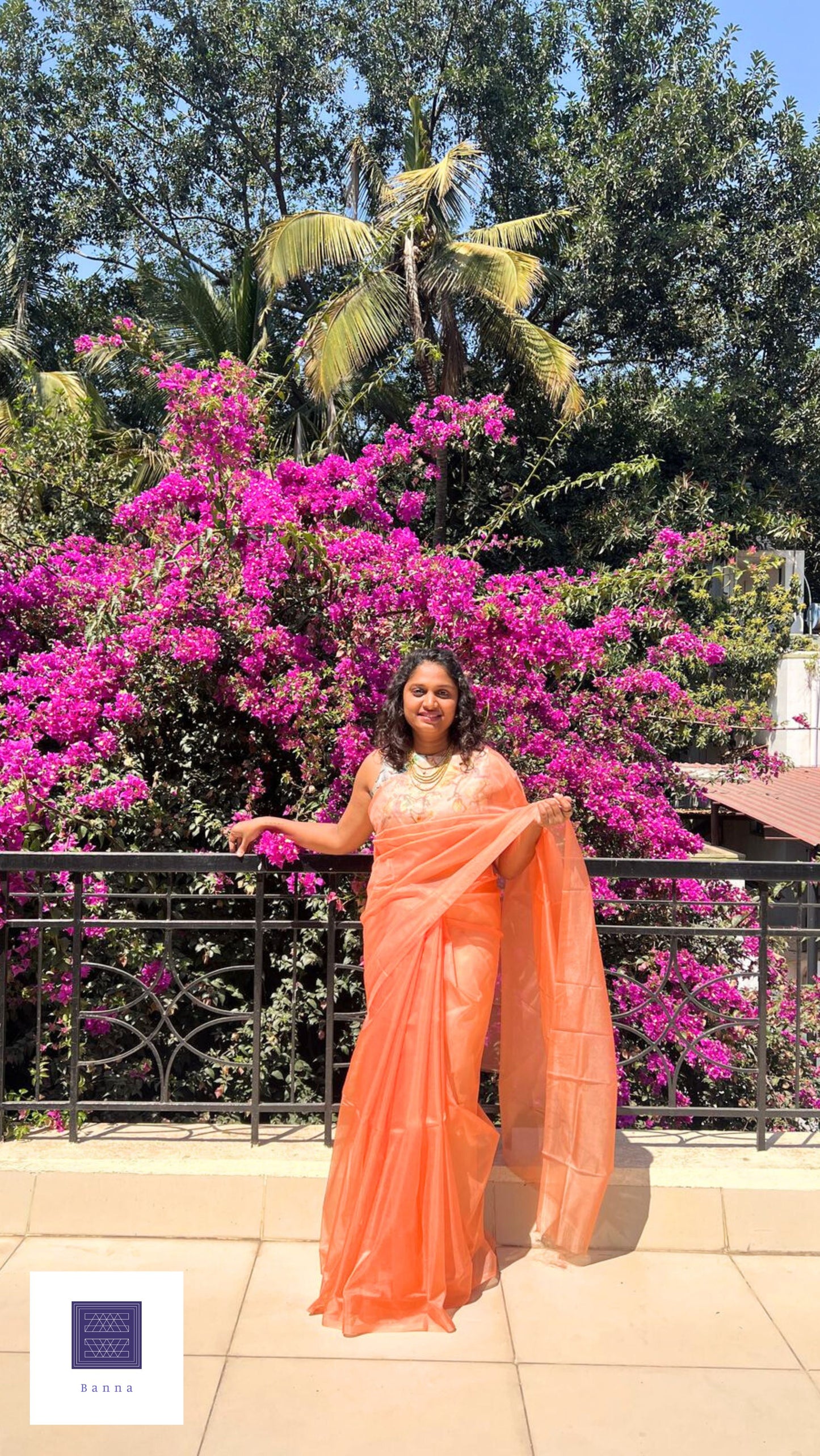 Light Rust Orange Organza Solid Saree