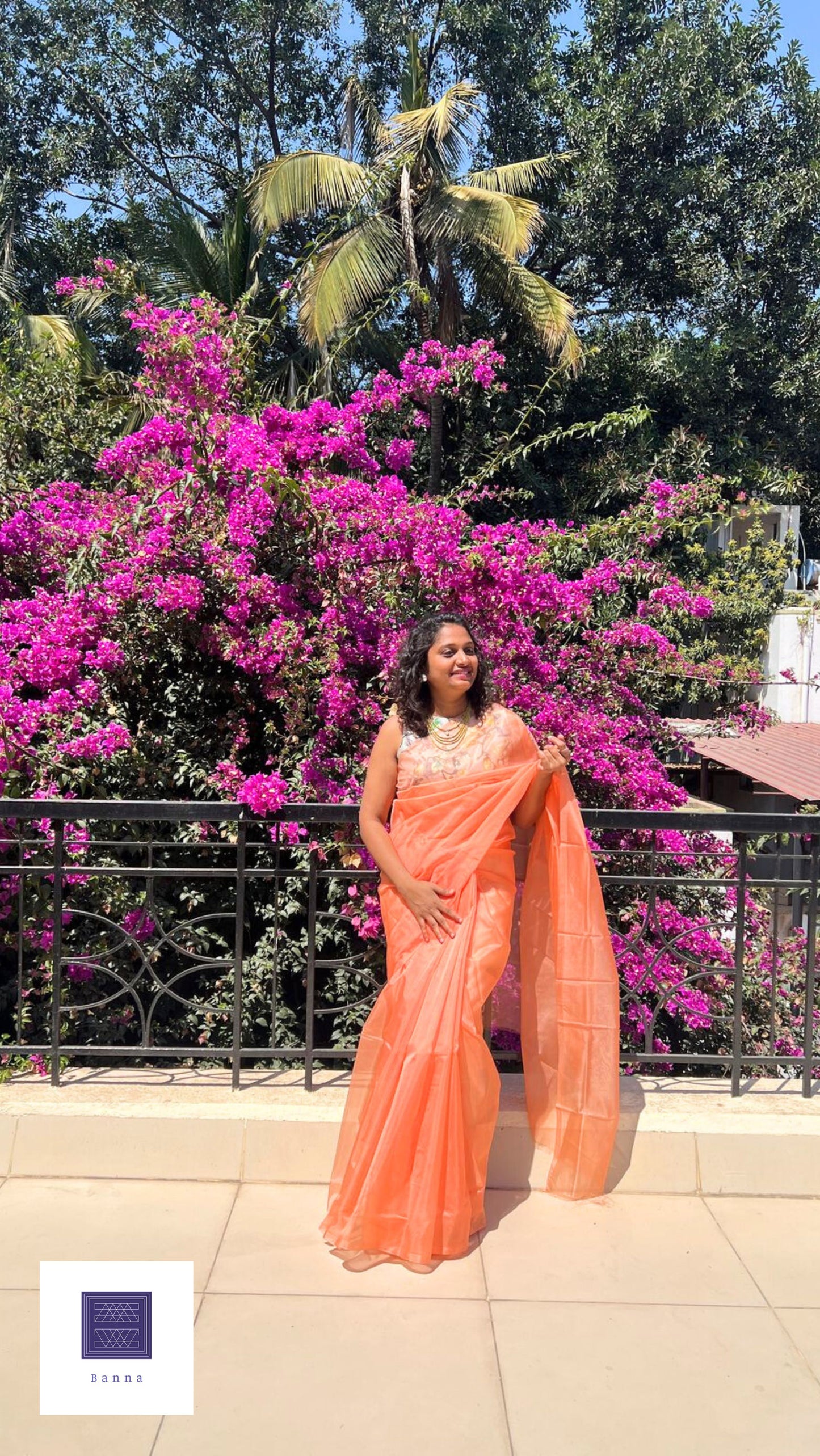 Light Rust Orange Organza Solid Saree