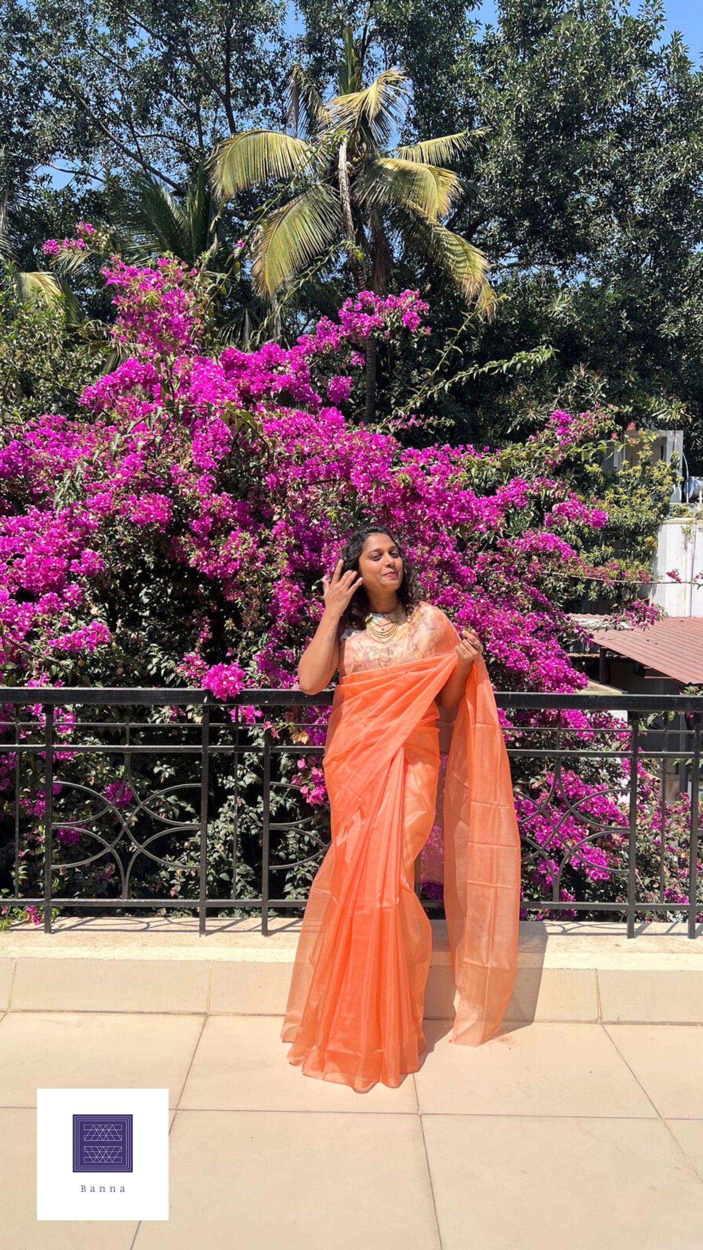 Light Rust Orange Organza Solid Saree