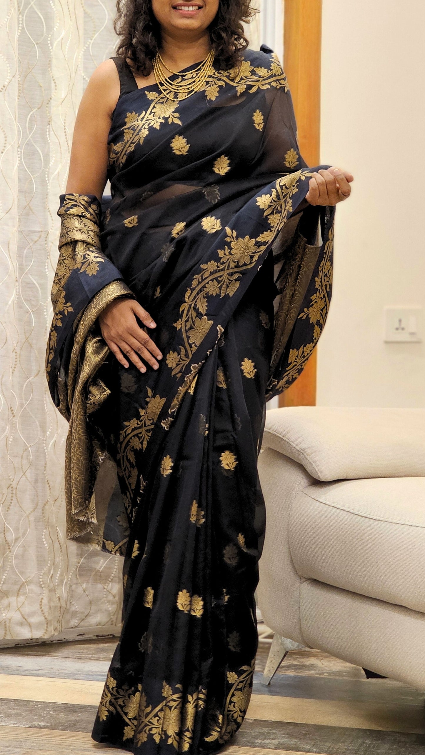 Traditional Banarasi Weaving in Organza - Black