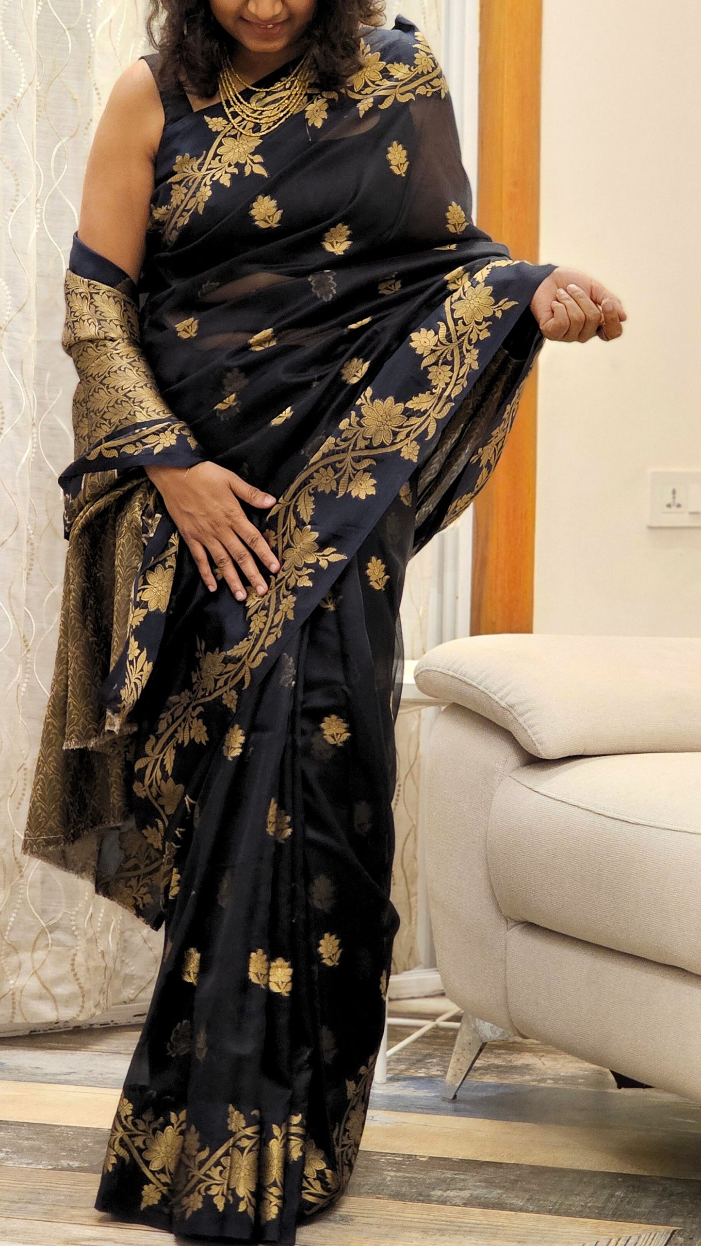 Traditional Banarasi Weaving in Organza - Black