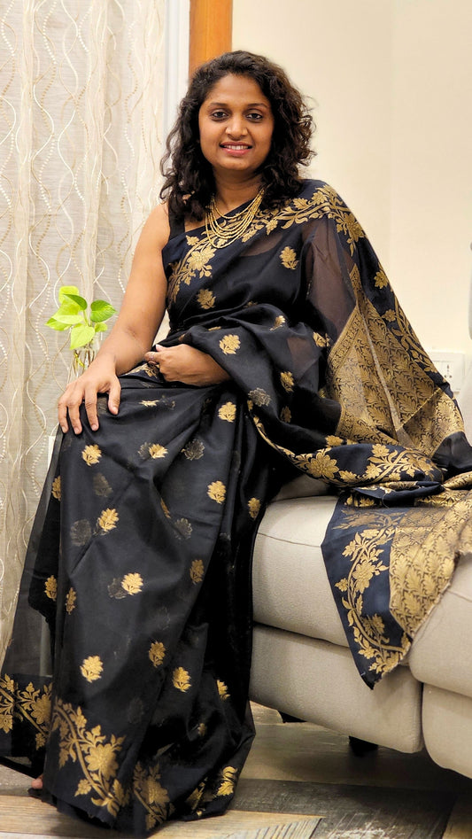 Traditional Banarasi Weaving in Organza - Black