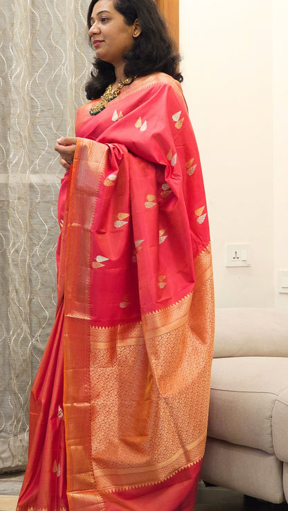 Pure Katan Silk Saree - Red and Pink Dual shade