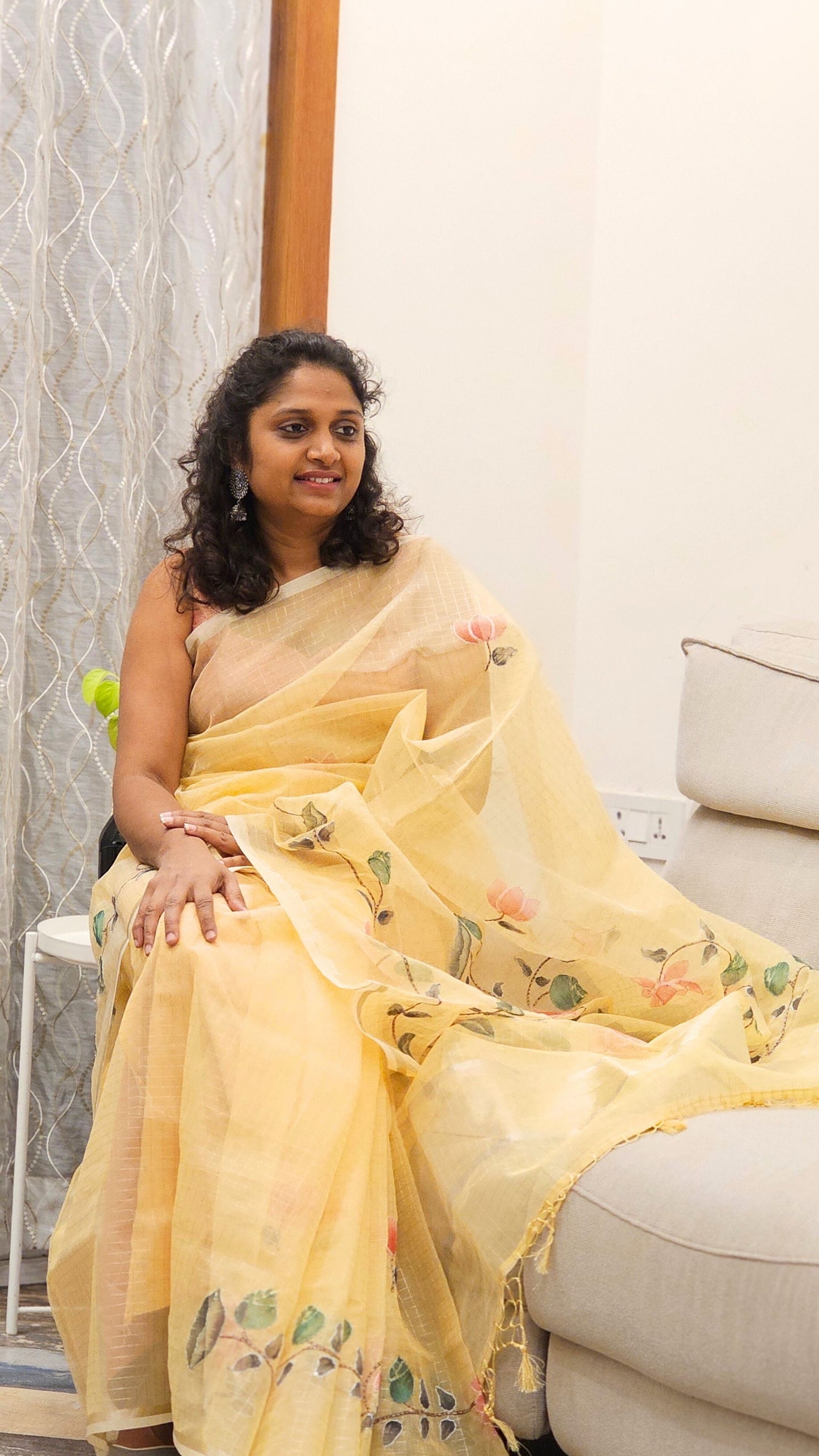 Handpainted organza saree - Yellow