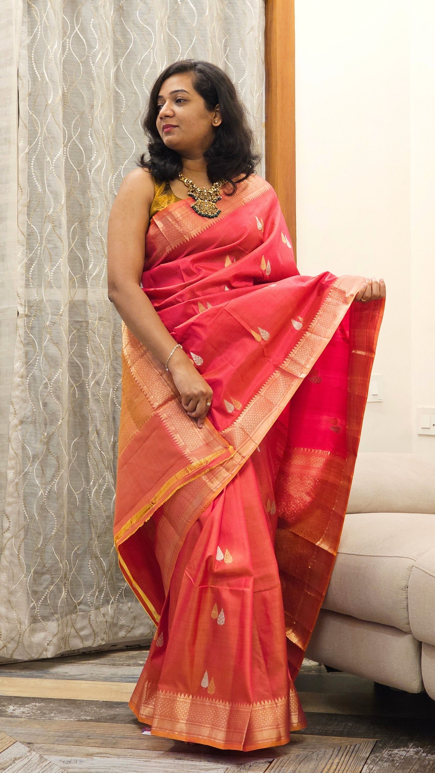 Pure Katan Silk Saree - Red and Pink Dual shade