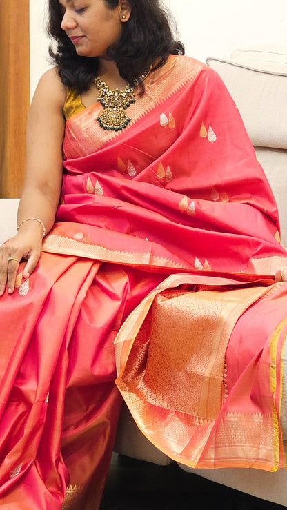 Pure Katan Silk Saree - Red and Pink Dual shade