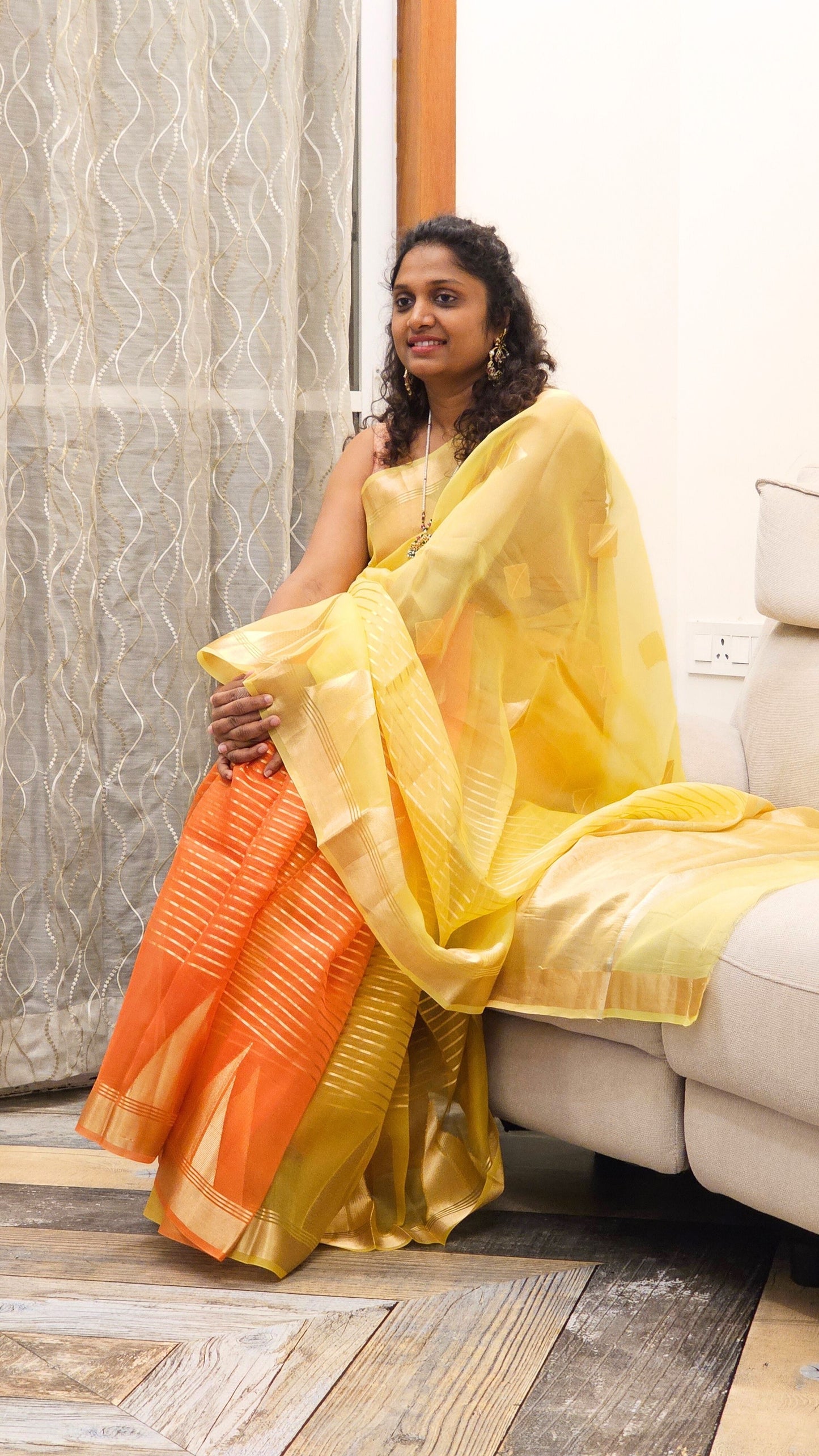 Pure Kora Silk with stripes and temple weaving in zari - Yellow and Orange