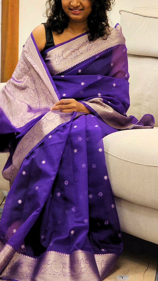 Traditional Banarasi Weaving in Organza - Dark Violet