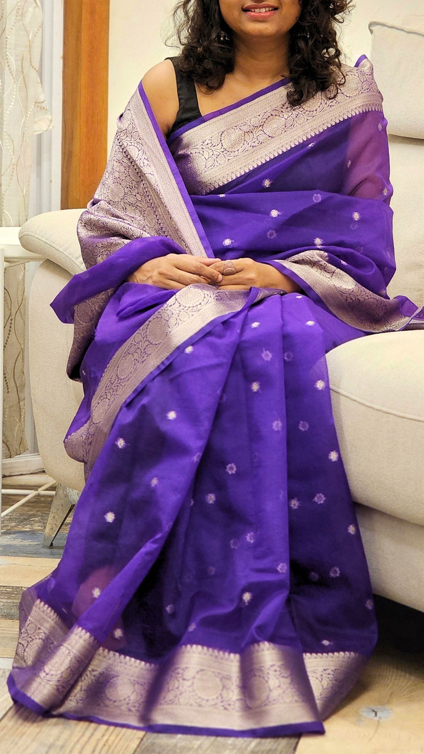 Traditional Banarasi Weaving in Organza - Dark Violet