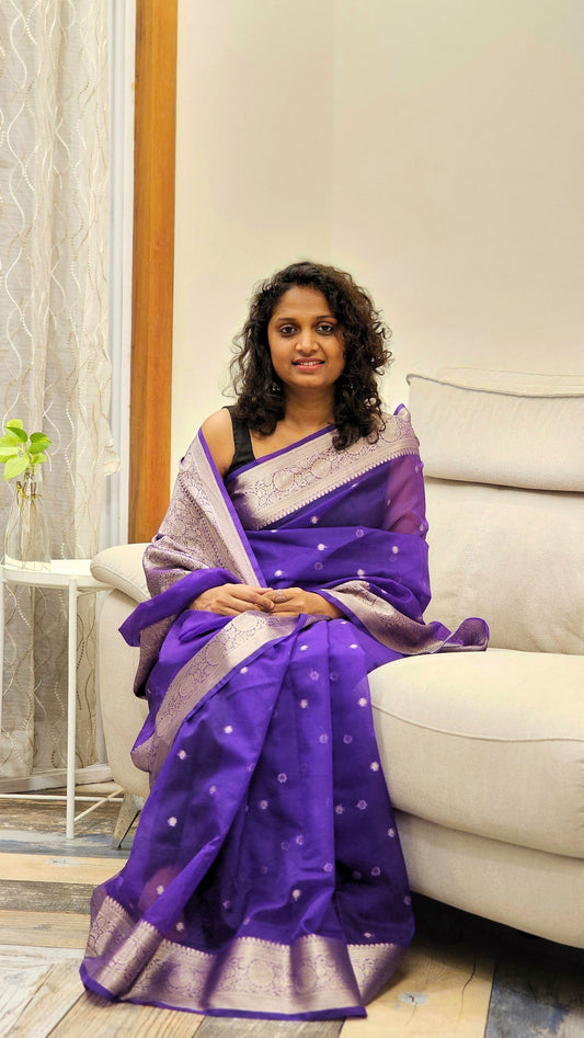 Traditional Banarasi Weaving in Organza - Dark Violet