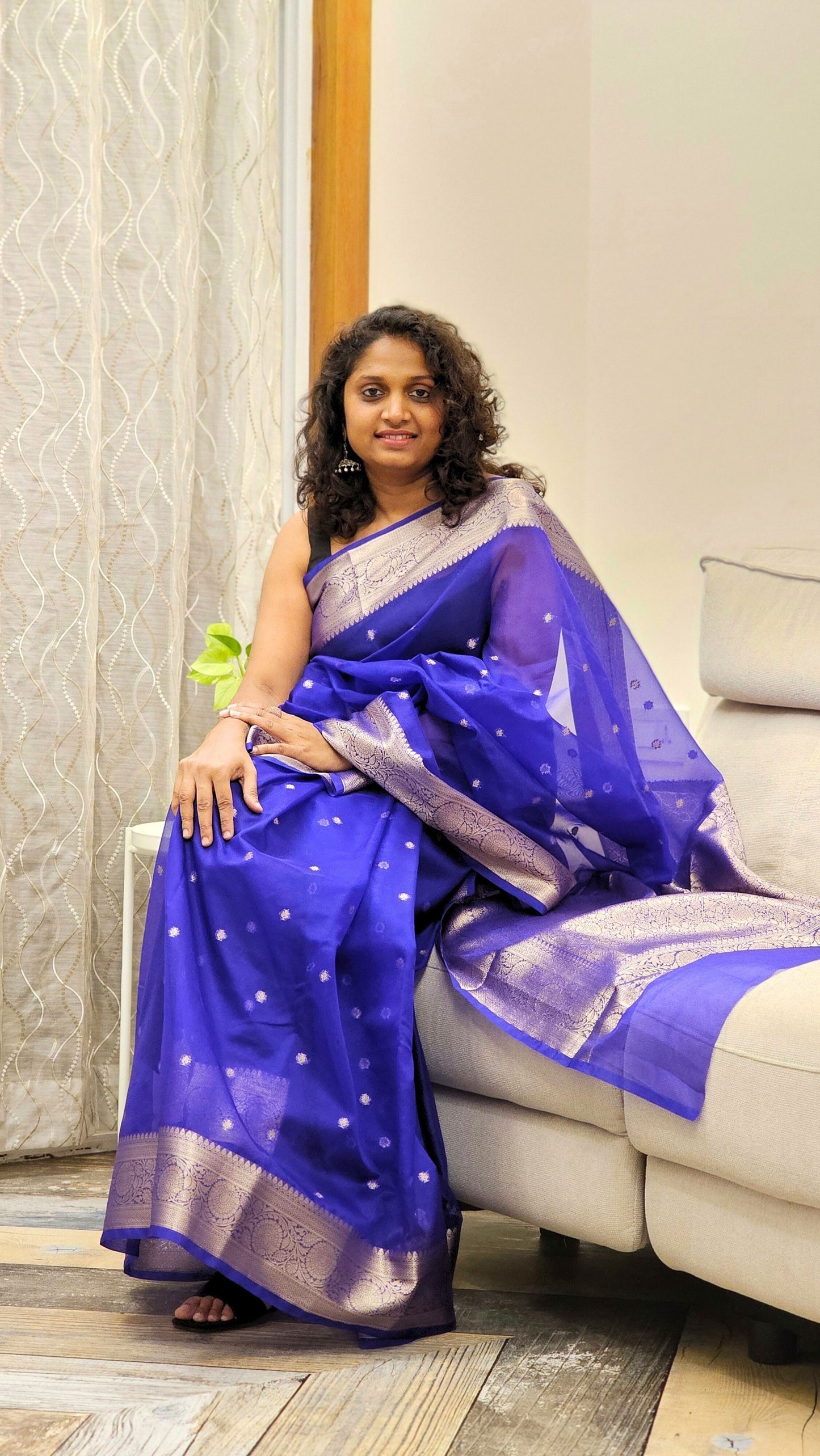 Traditional Banarasi Weaving in Organza - Blue + Violet