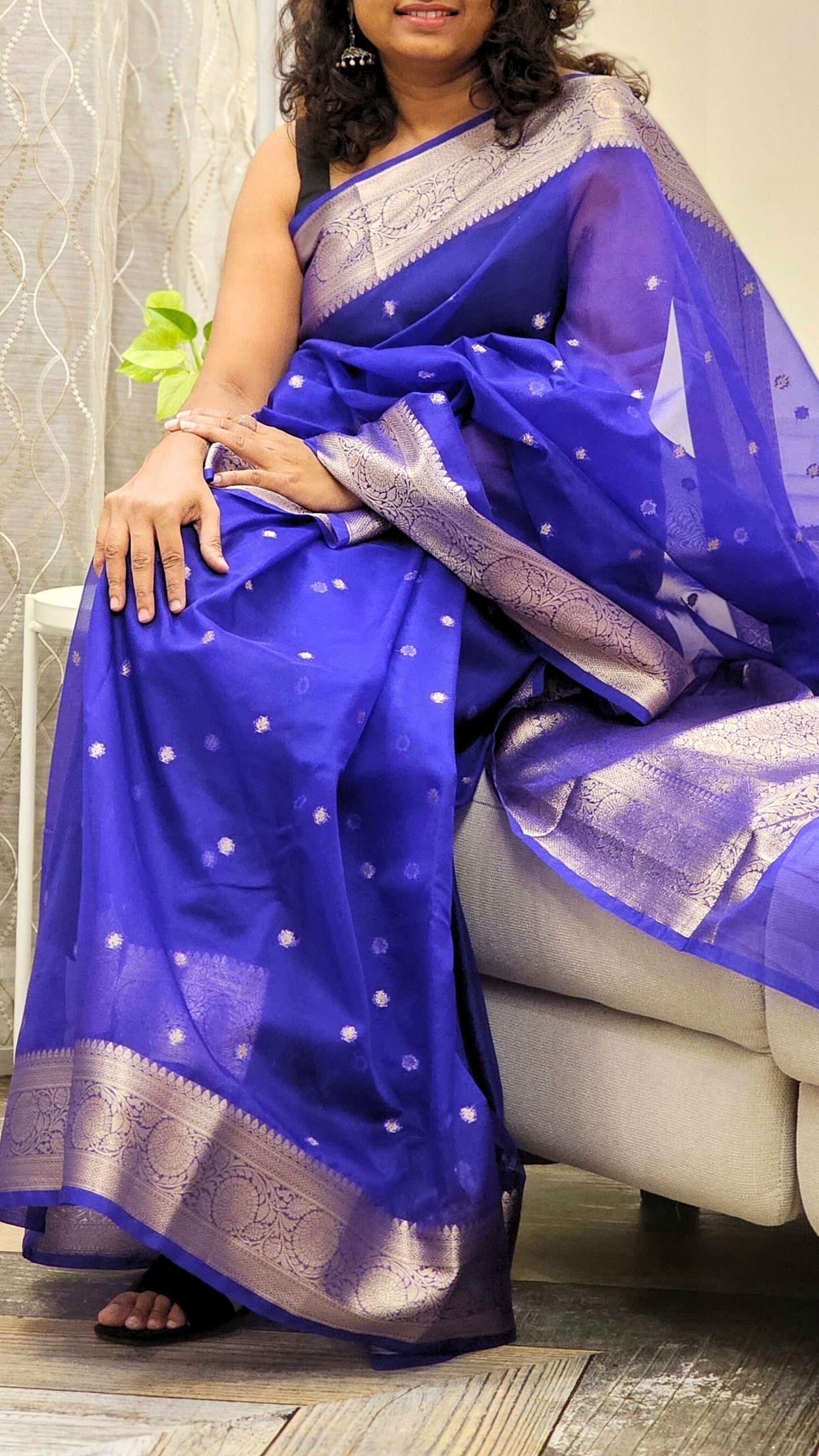 Traditional Banarasi Weaving in Organza - Blue + Violet