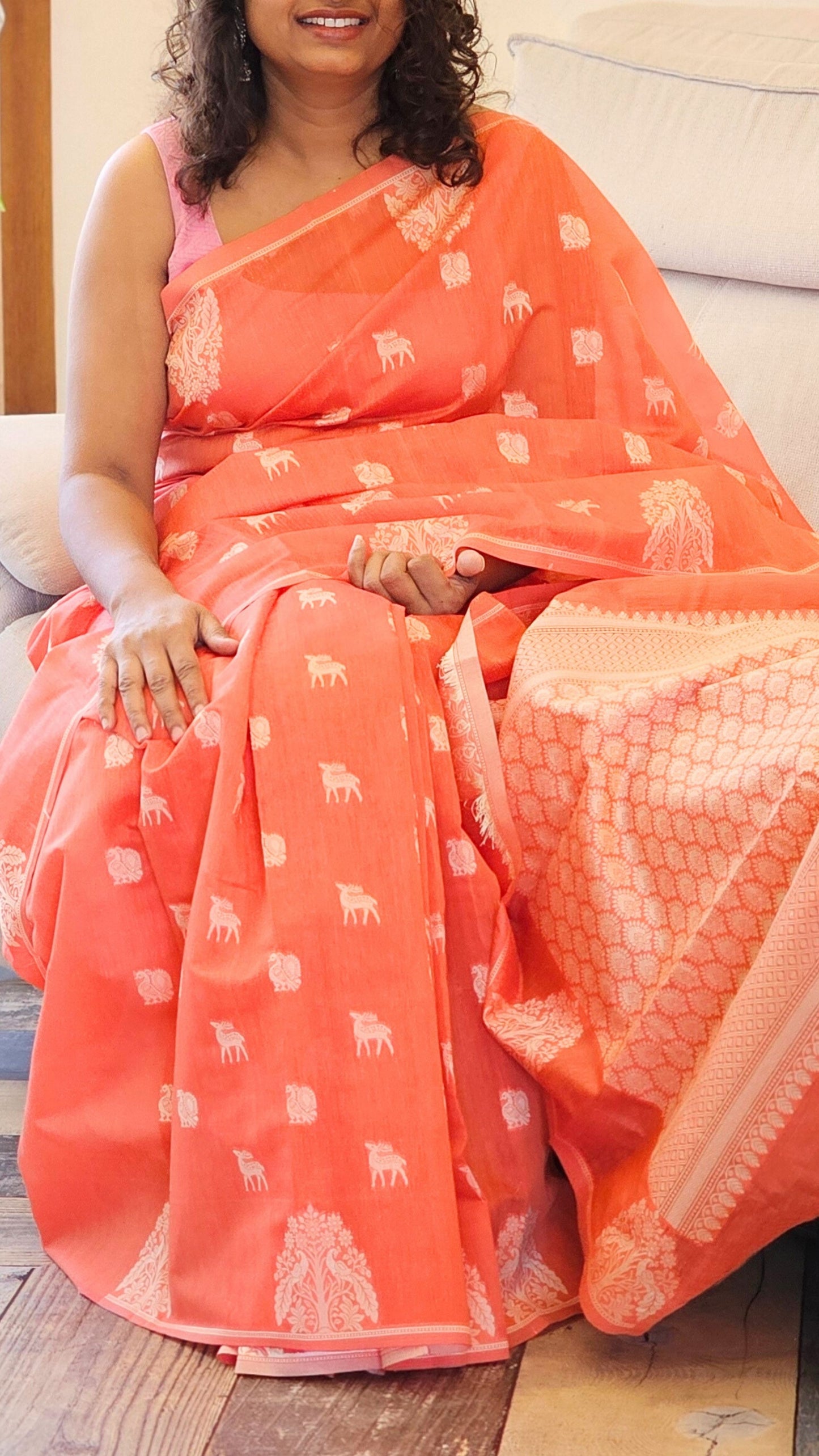 Cotton Saree with thread weaving - Orange