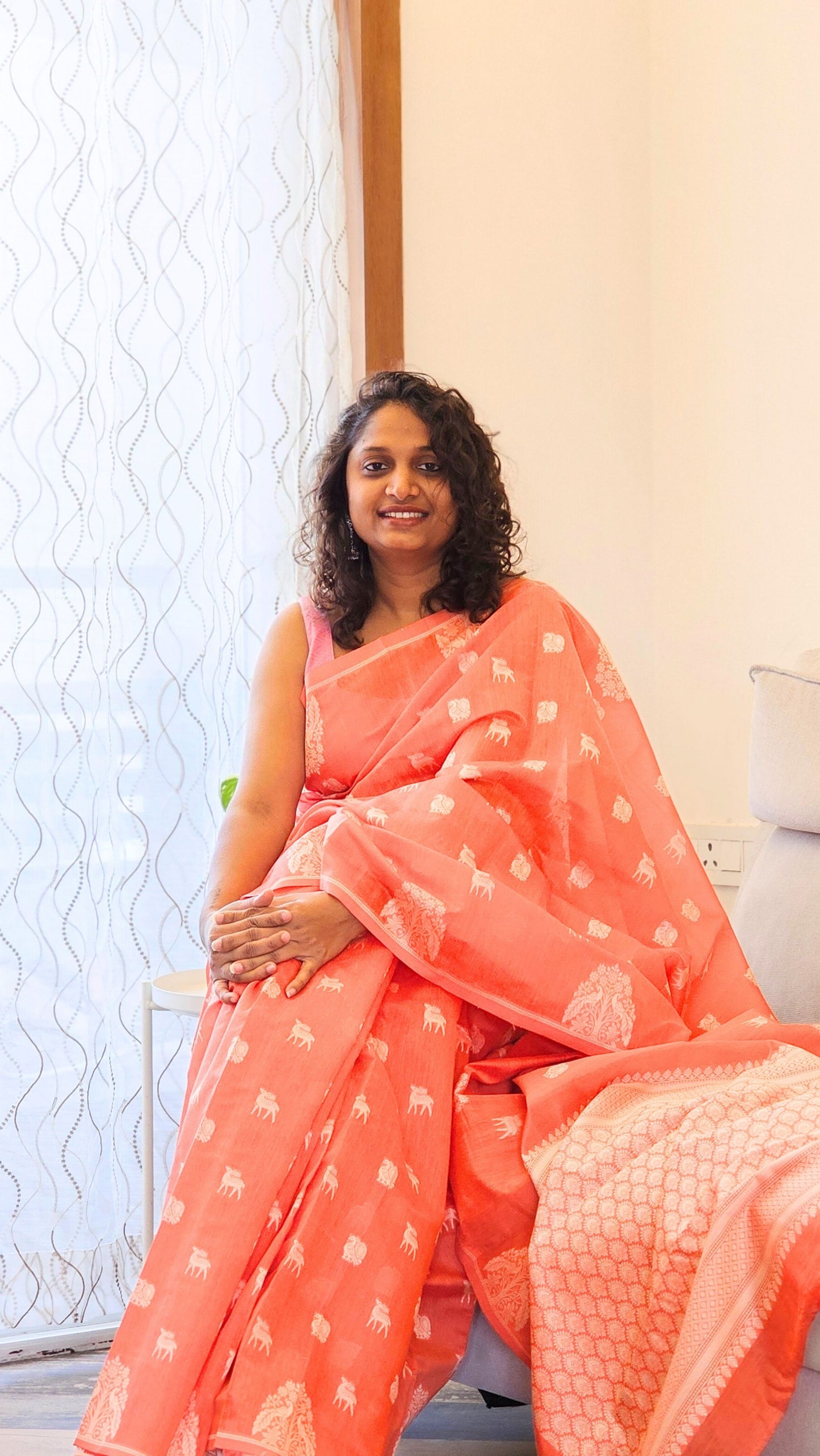 Cotton Saree with thread weaving - Orange