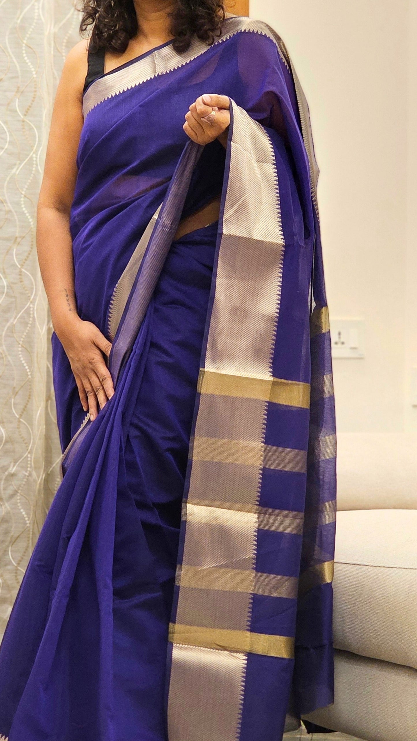 Cotton Saree with Gold Zari border - Royal Blue