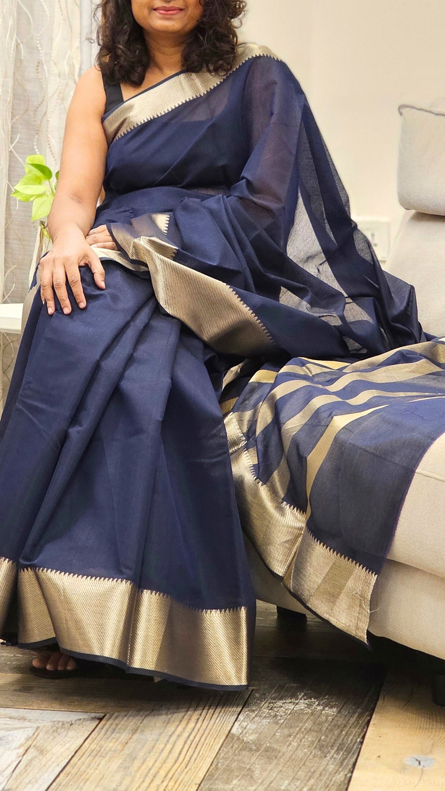 Cotton Saree with Gold Zari border - Navy Blue