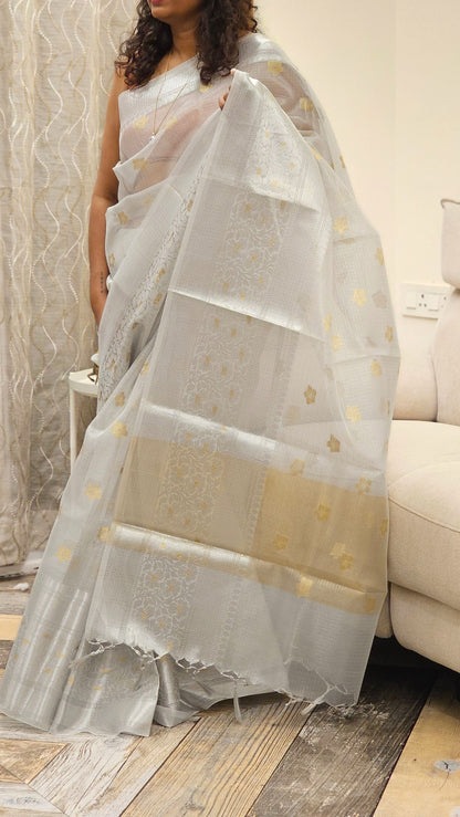 Kota Tissue Saree in Silver  - Silver and Gold Buttis