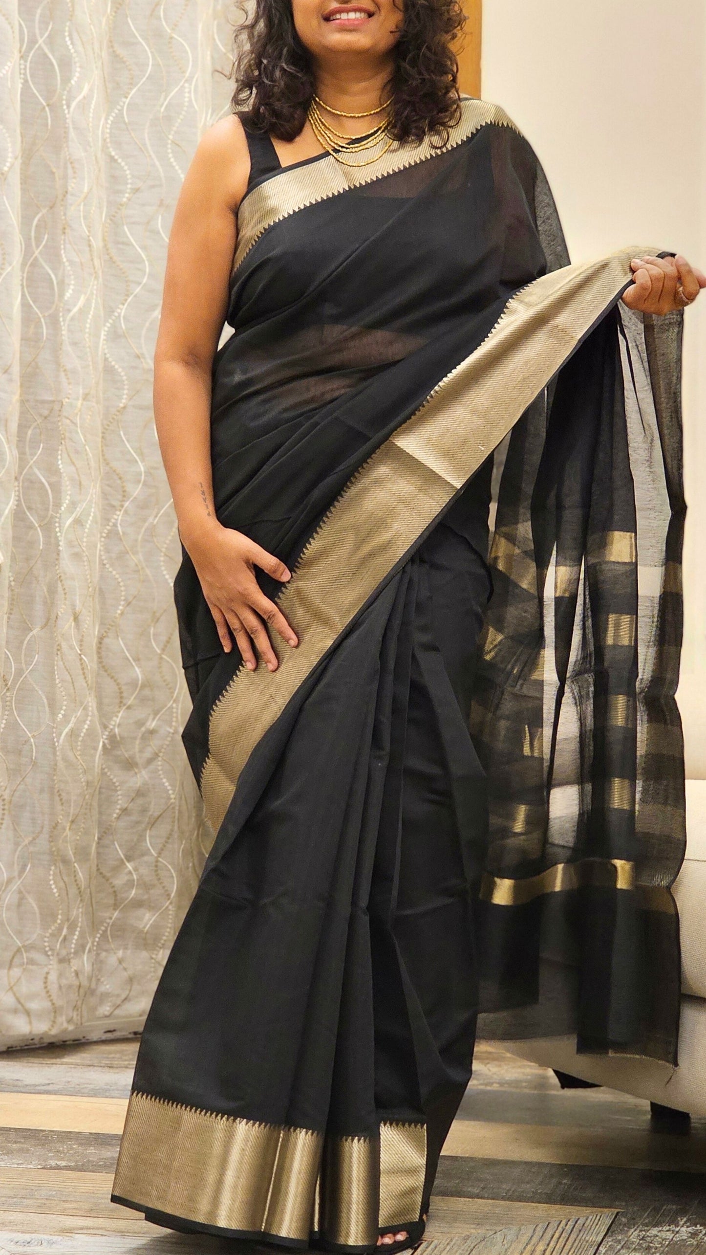 Cotton Saree with Gold Zari border - Black