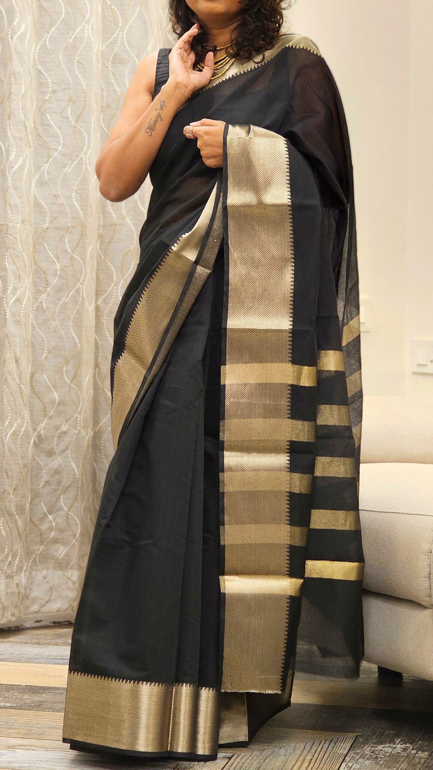 Cotton Saree with Gold Zari border - Black