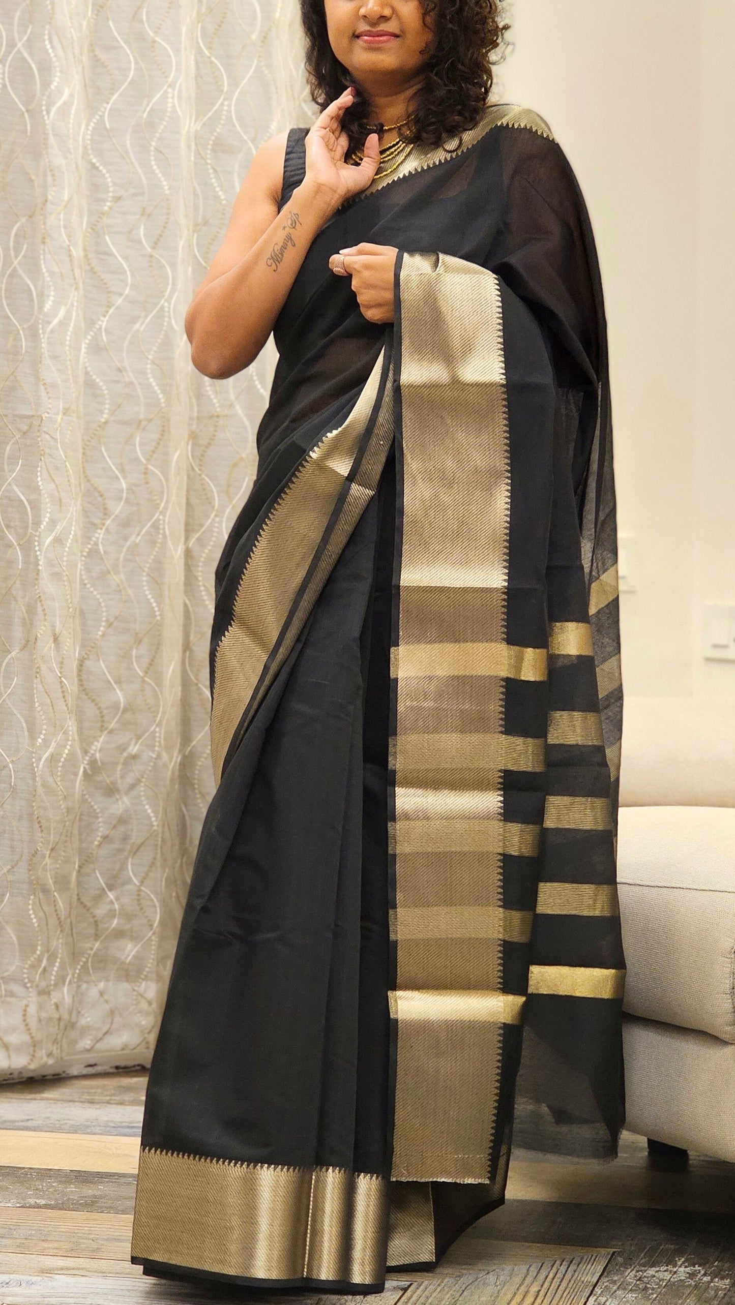 Cotton Saree with Gold Zari border - Black