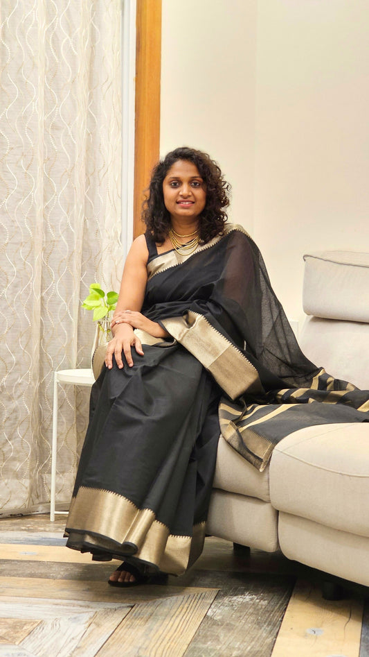 Cotton Saree with Gold Zari border - Black