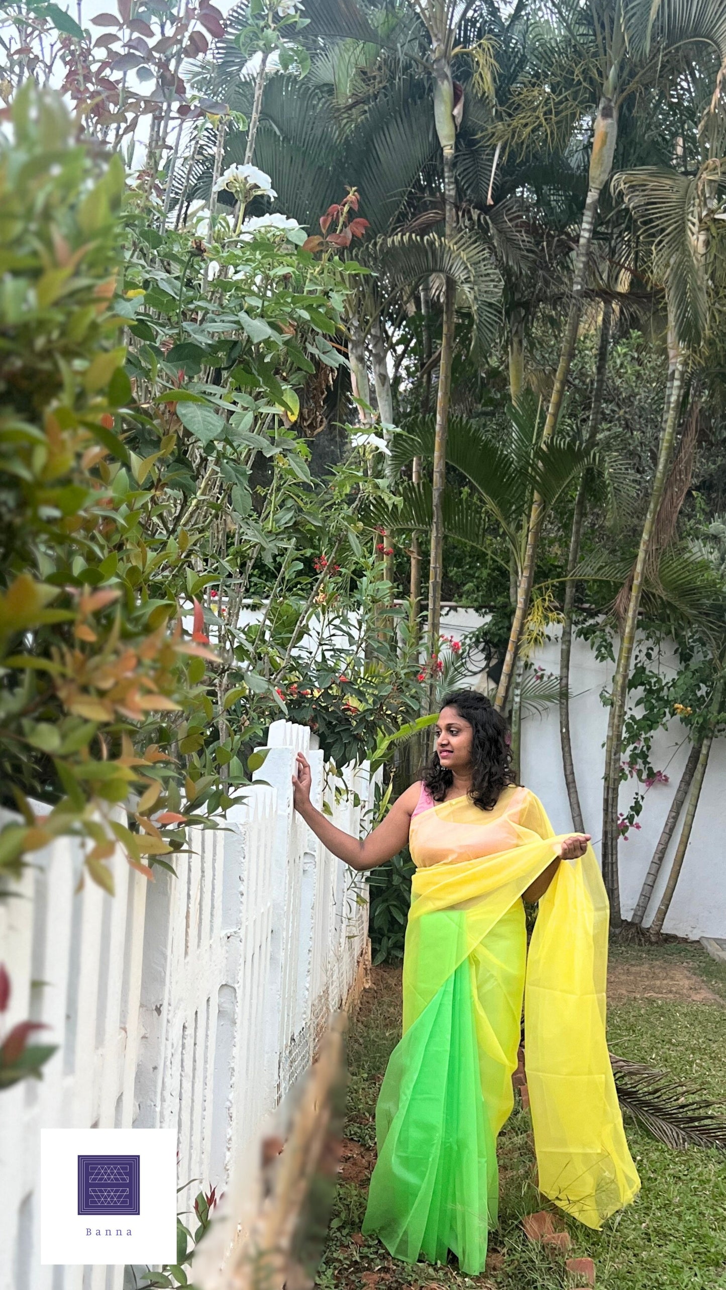 Green and Yellow Parakeet - Banna's signature organza saree