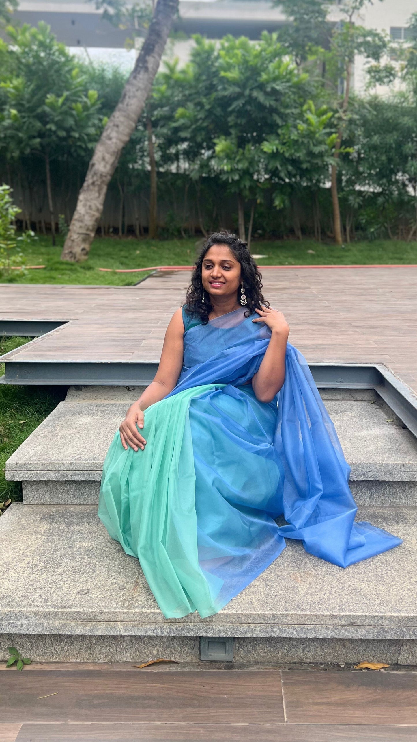 Tints of Cyan - Banna's signature organza saree