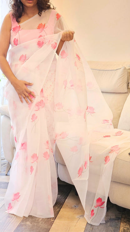 White Organza Saree with floral Prints