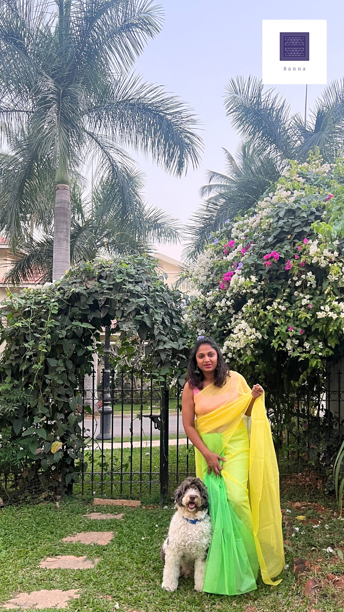 Green and Yellow Parakeet - Banna's signature organza saree