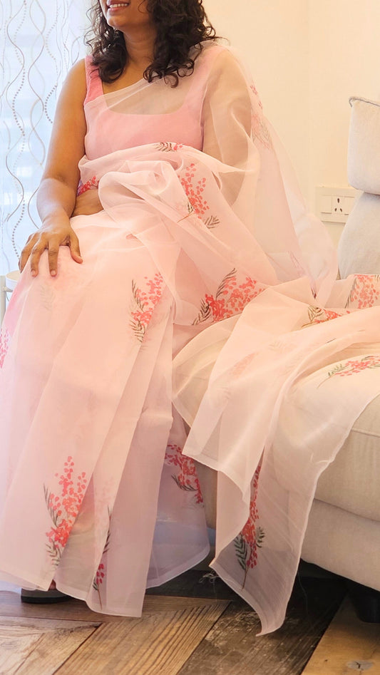 Baby Pink Organza Saree with floral Prints