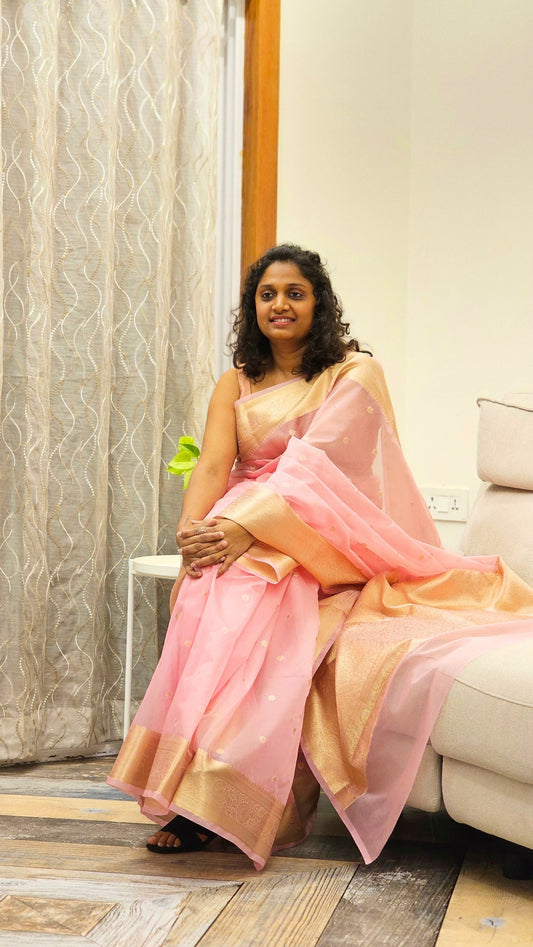 Traditional Banarasi Weaving in Organza - Baby Pink