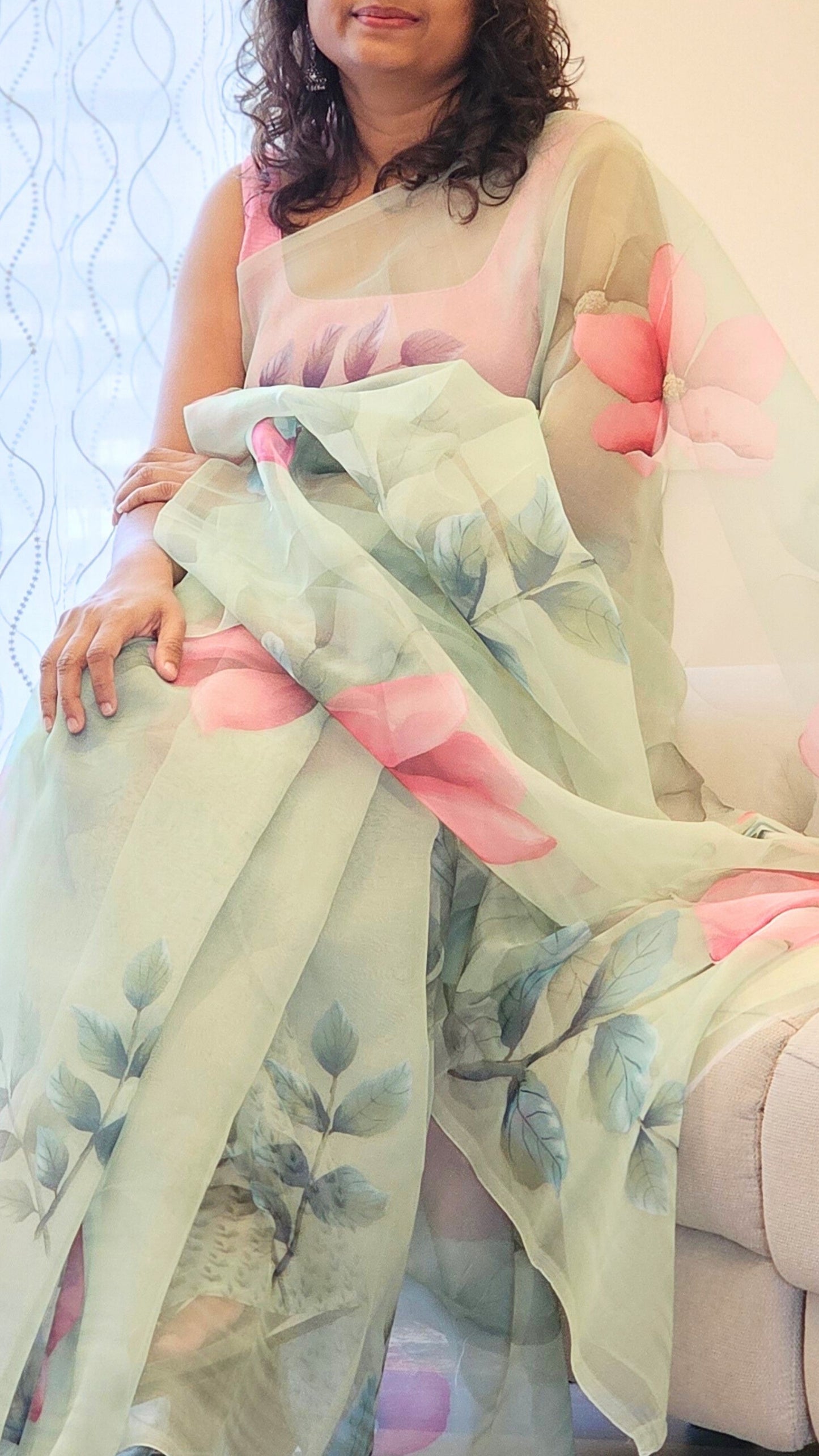 Pastel Green Organza Saree with floral Prints