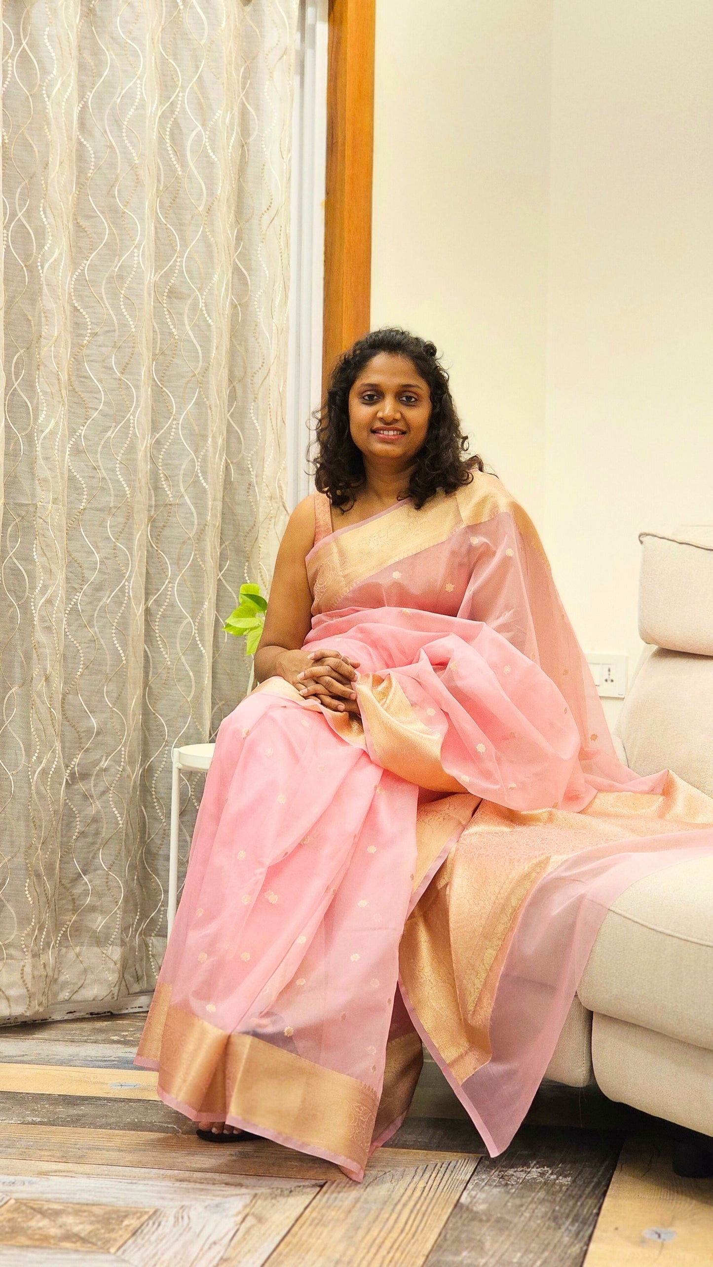 Traditional Banarasi Weaving in Organza - Baby Pink