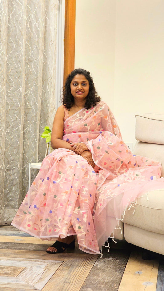 Baby Pink - Organza saree in Jamdhani Weaving