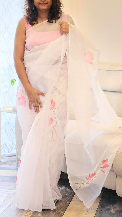 White Organza Saree with Big floral Prints