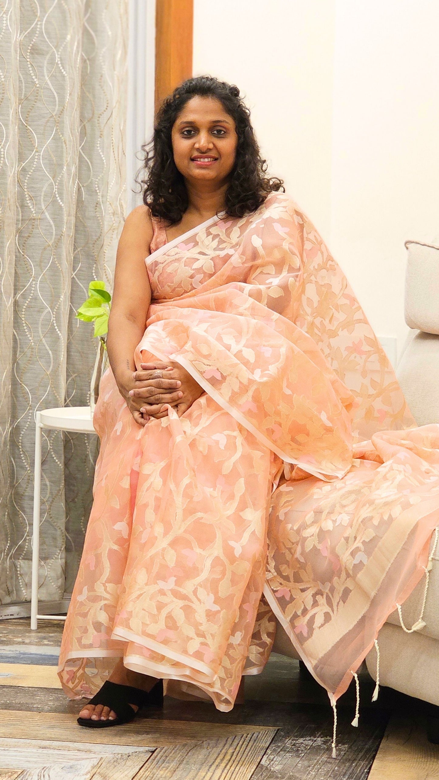 Peach - Organza saree in Jamdhani Weaving