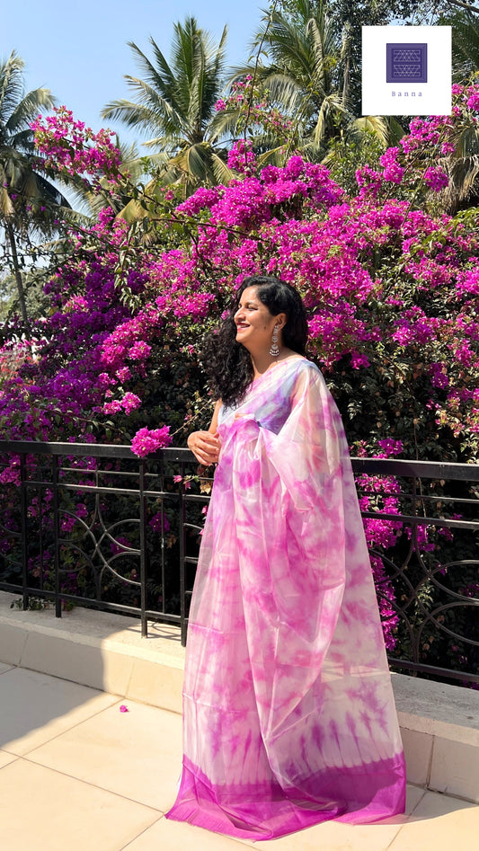 Pink and Purple Carnations - Banna's signature organza saree