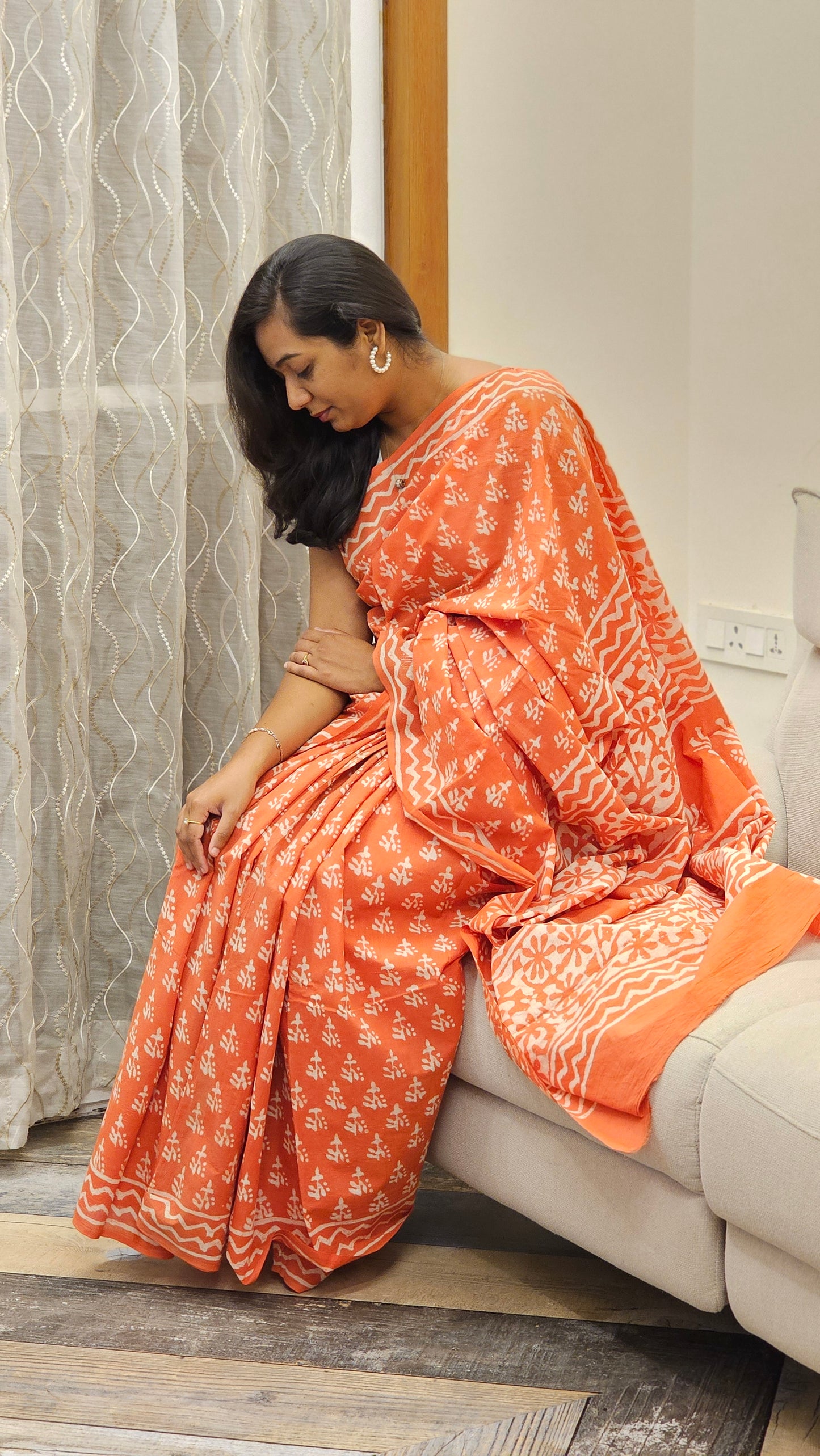 Mulmul cotton saree with Handblock prints - Orange