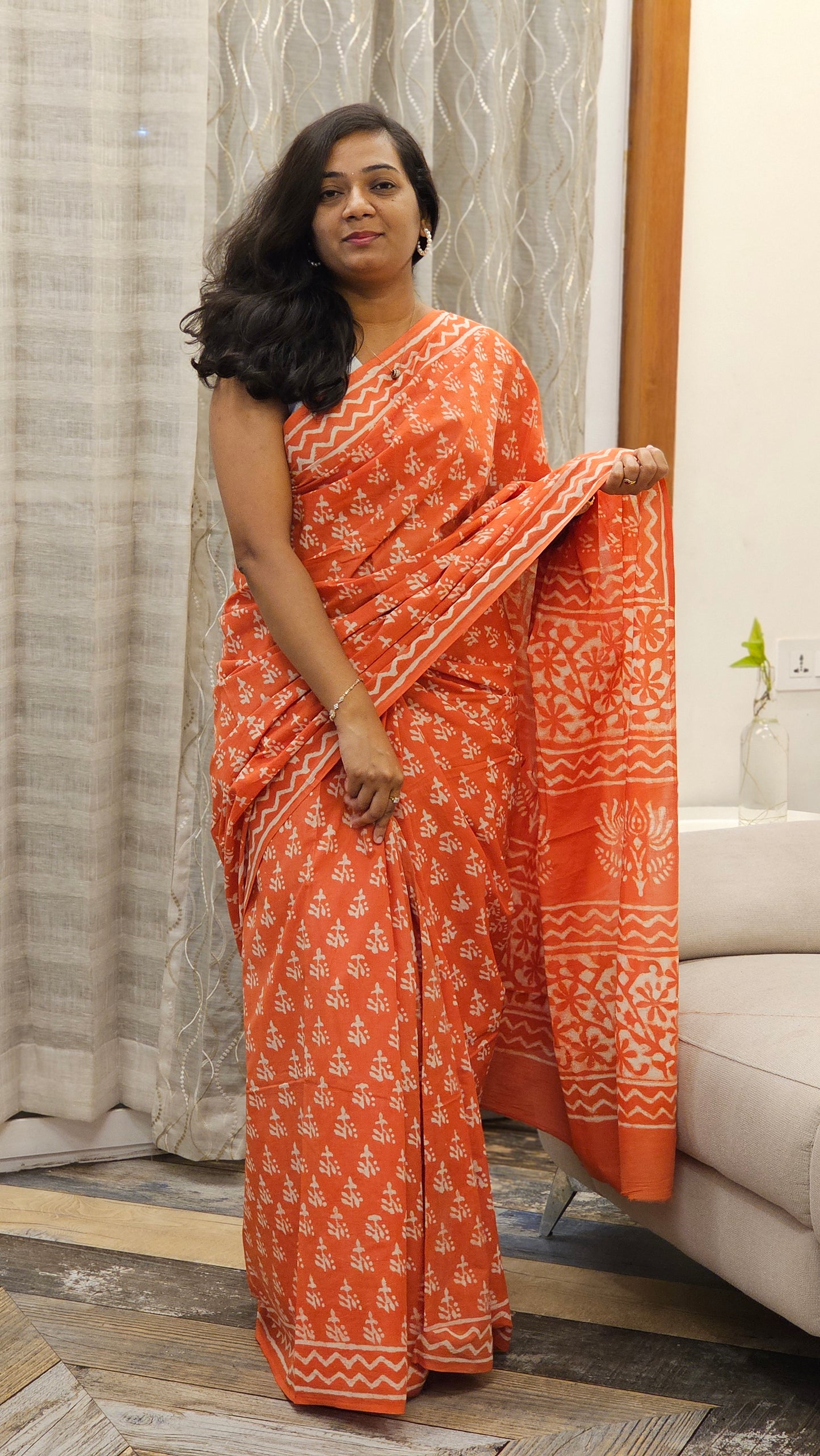 Mulmul cotton saree with Handblock prints - Orange