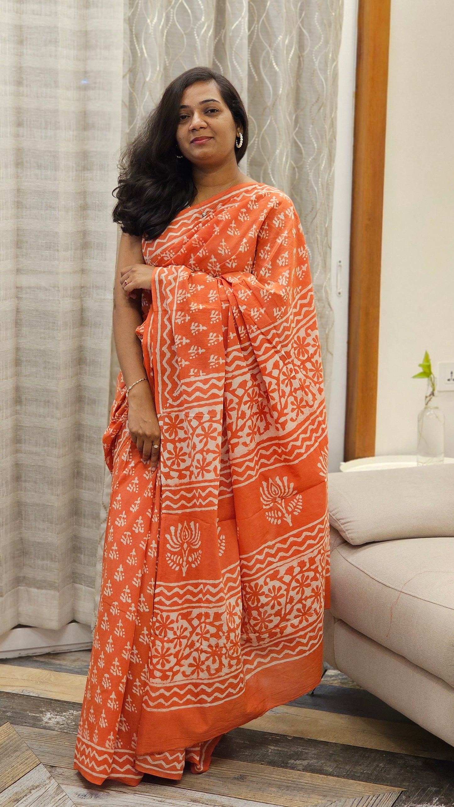 Mulmul cotton saree with Handblock prints - Orange