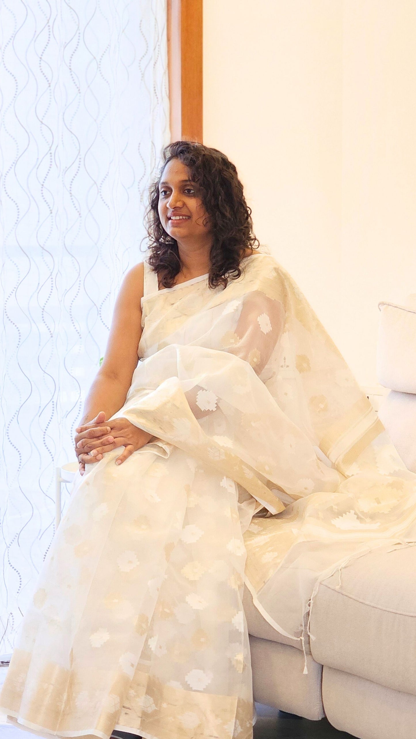 White - Organza saree in Jamdhani Weaving