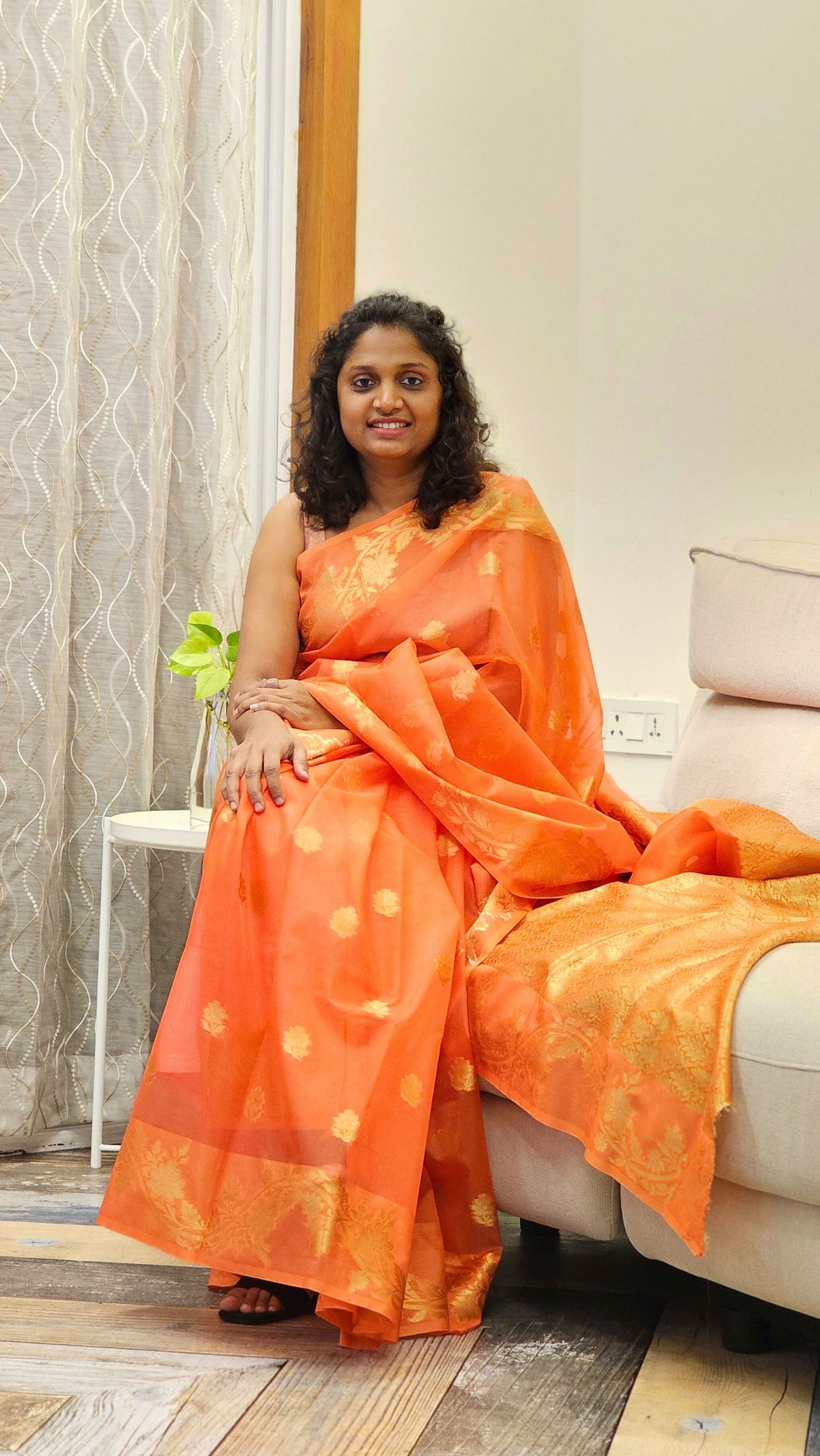 Traditional Banarasi Weaving in Organza - Orange