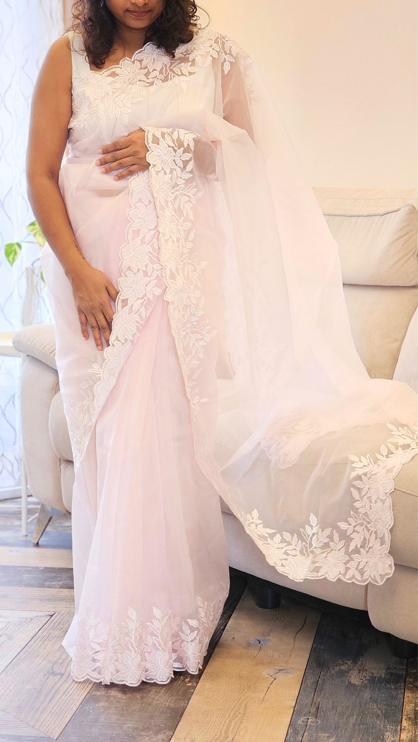 Baby Pink Rose Floral - Organza saree with Floral Embroidery