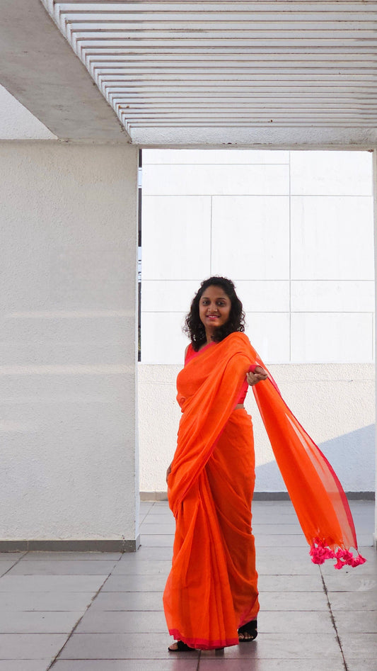 Soft Solid Mulmul Cotton saree - Orange and Pink