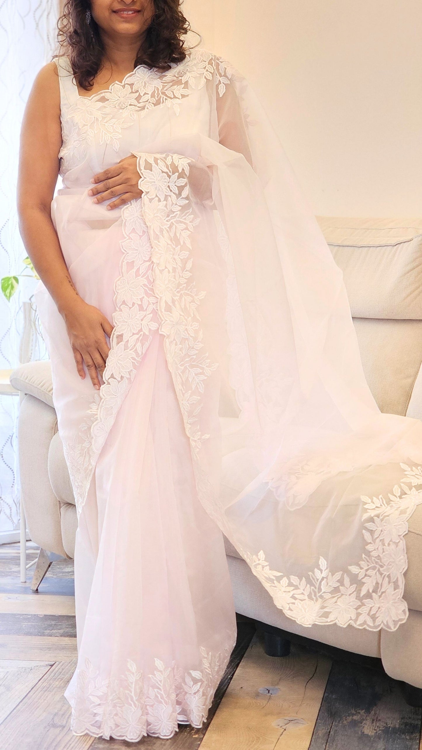 Baby Pink Rose Floral - Organza saree with Floral Embroidery