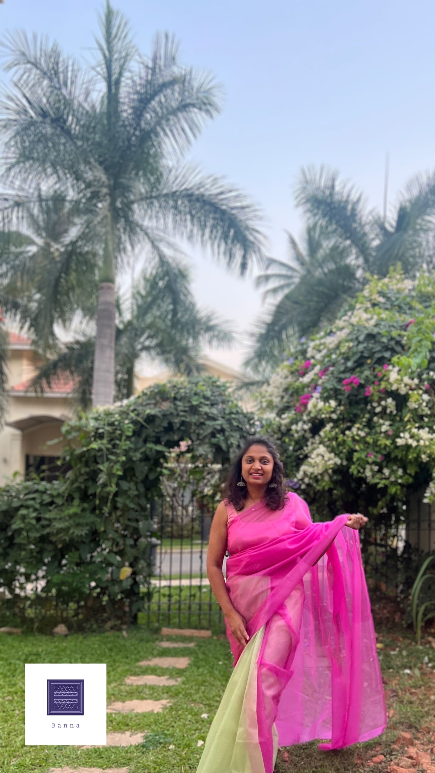 Bougainvillea Bloom, Bright pink and light green - Banna's signature organza saree