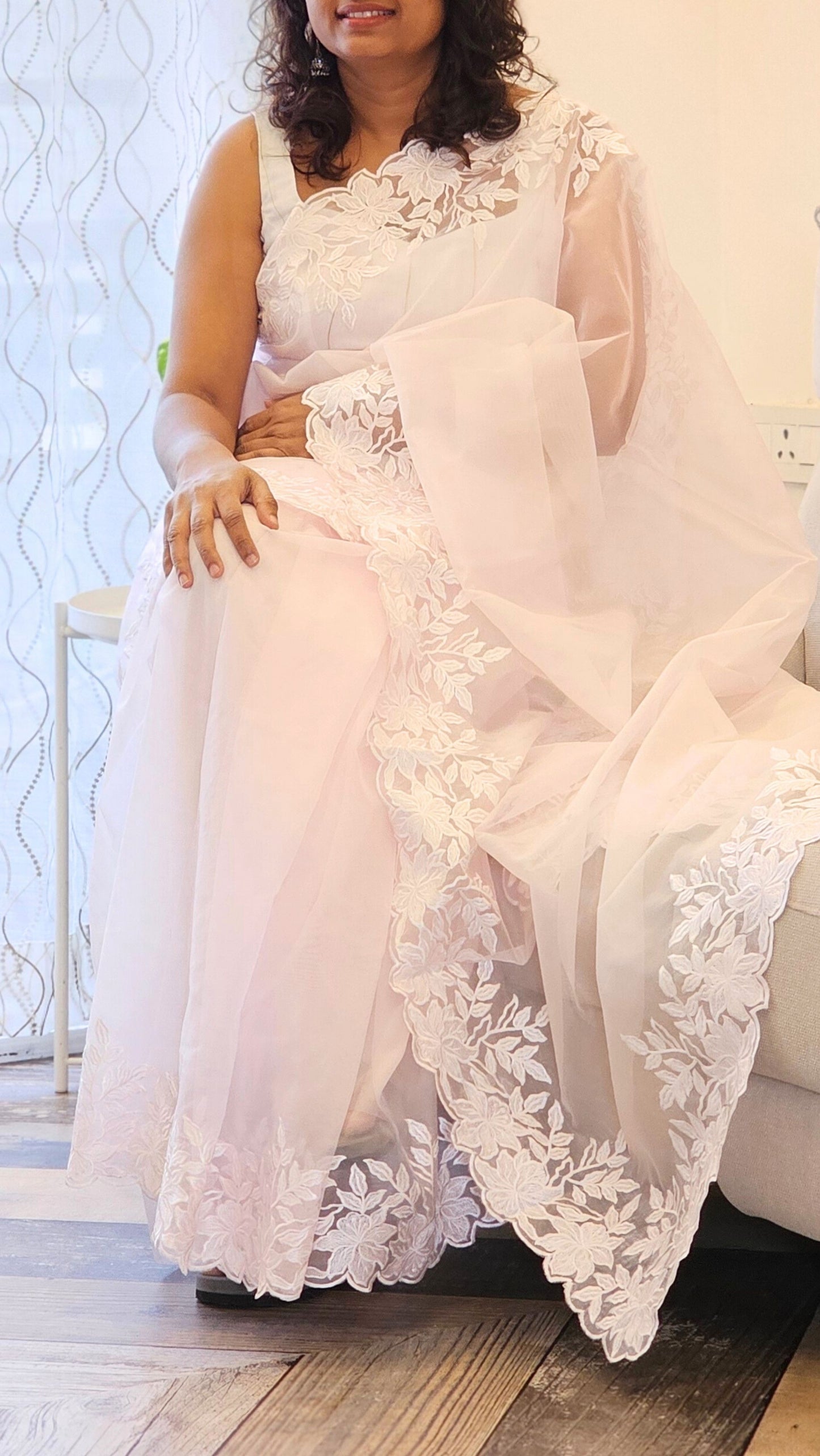 Baby Pink Rose Floral - Organza saree with Floral Embroidery